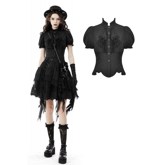Elegant Dark In Love Sinead Black Blouse showcasing short puff sleeves and ruffle collar for a sophisticated look.