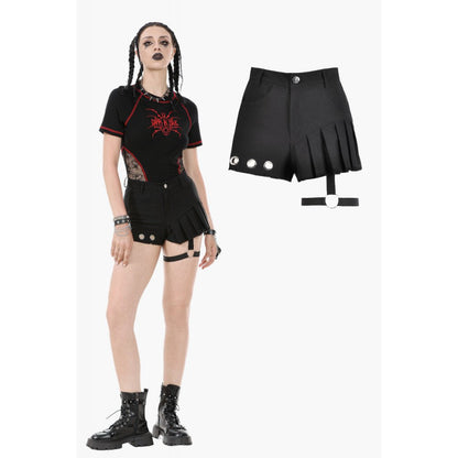 Luxurious high-waisted black garter shorts with pleated asymmetrical panel and silver grommet accents, showcasing a daring silhouette perfect for goth and punk-inspired fashion.