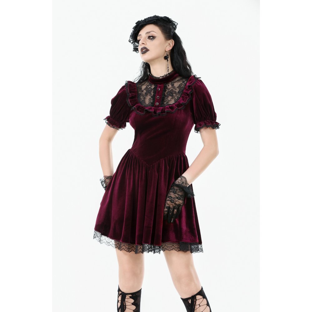Back zipper closure detail of the Ophelia Lace Collar Burgundy Velvet Goth Dress, ensuring a fitted yet comfortable wear for sizes XS to 4XL.
