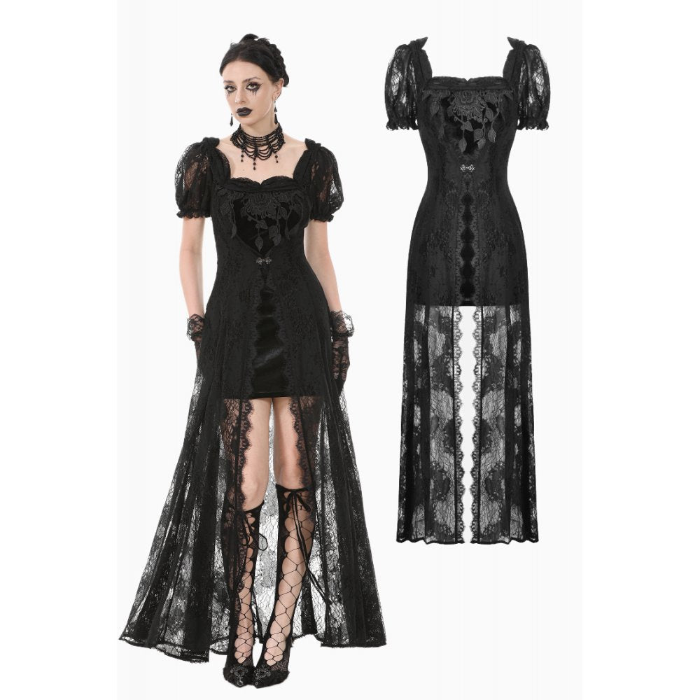 Elegant Dark in Love Morwenna Black Gothic Maxi Dress featuring a luxurious velvet bodice and intricate lace overlay, perfect for gothic events.