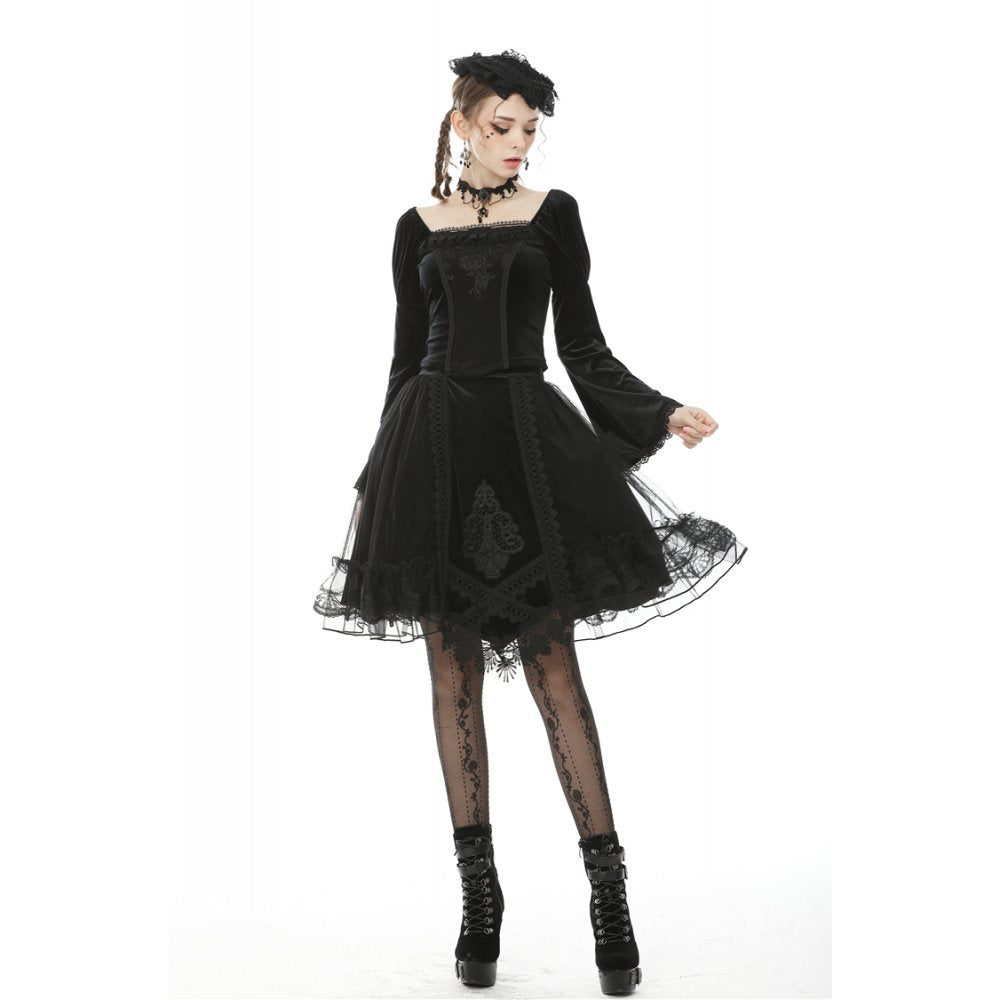 Gothic Melisandre velvet skirt with baroque embroidery showcasing elegant scalloped mesh panels and asymmetrical hem, perfect for alternative fashion.