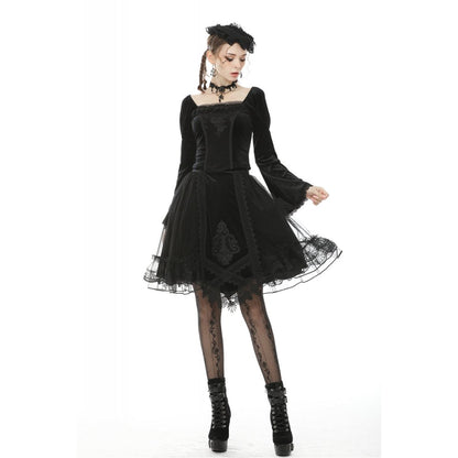 Gothic Melisandre velvet skirt with baroque embroidery showcasing elegant scalloped mesh panels and asymmetrical hem, perfect for alternative fashion.