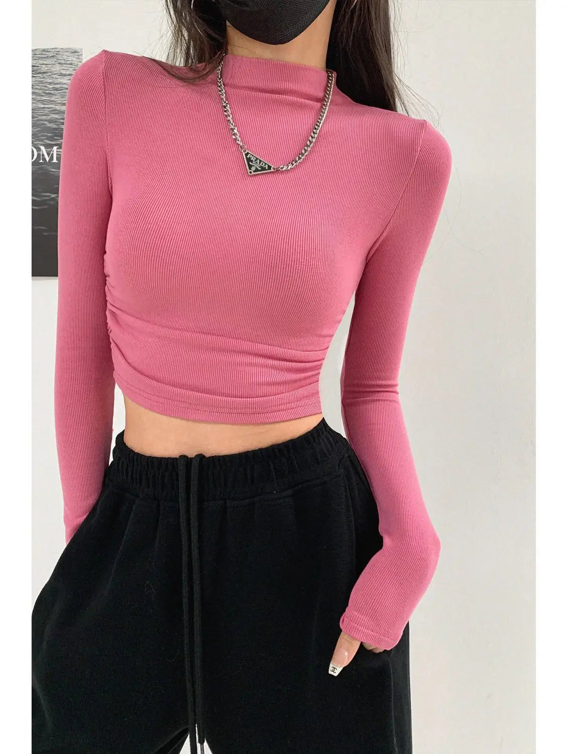 Turtleneck Long Sleeved Crop Top Tee Shirt Femme Fashion Tight Fitting