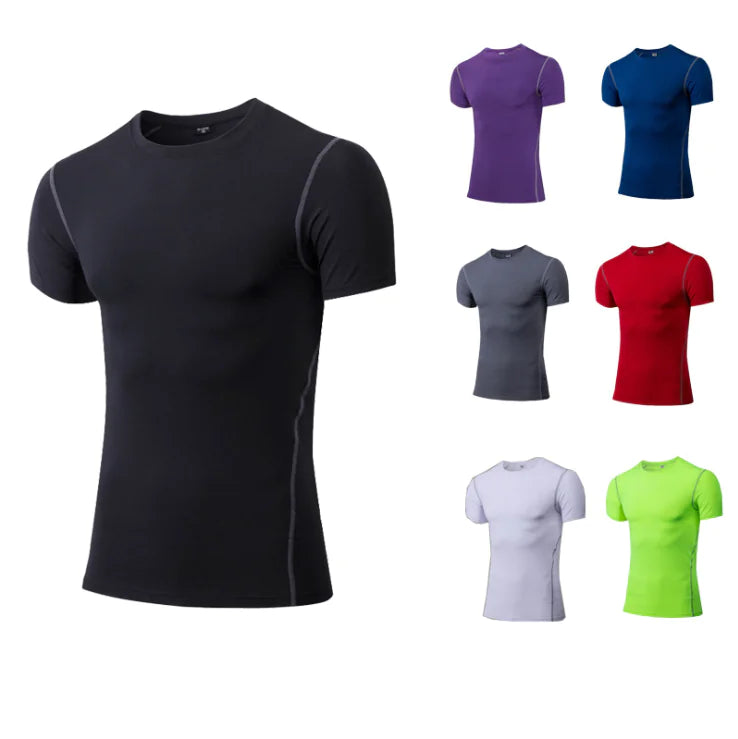 Collection of premium athletic compression t-shirts in various colours including black, purple, grey, red, and blue, showcasing versatility for any fitness enthusiast.