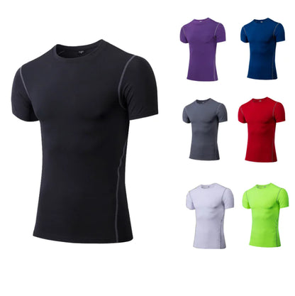Collection of premium athletic compression t-shirts in various colours including black, purple, grey, red, and blue, showcasing versatility for any fitness enthusiast.