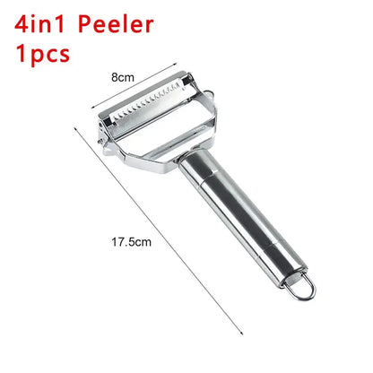 Sophisticated 4-in-1 stainless steel vegetable peeler showcasing versatile functionalities, highlighted by its durable construction and streamlined design, perfect for the modern kitchen.