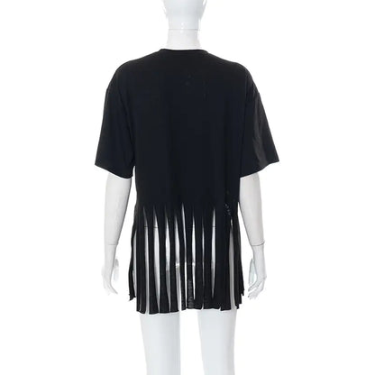 Back view of the Women's ODB Graphic Print Tassel Tee, revealing the unique tassel cut design, embodying modern luxury and fashion-forward thinking.