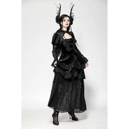 Gothic Princess Gown in Onyx black with long sleeves and choker-style collar, showcasing Victorian elegance and sultry keyhole cutout.