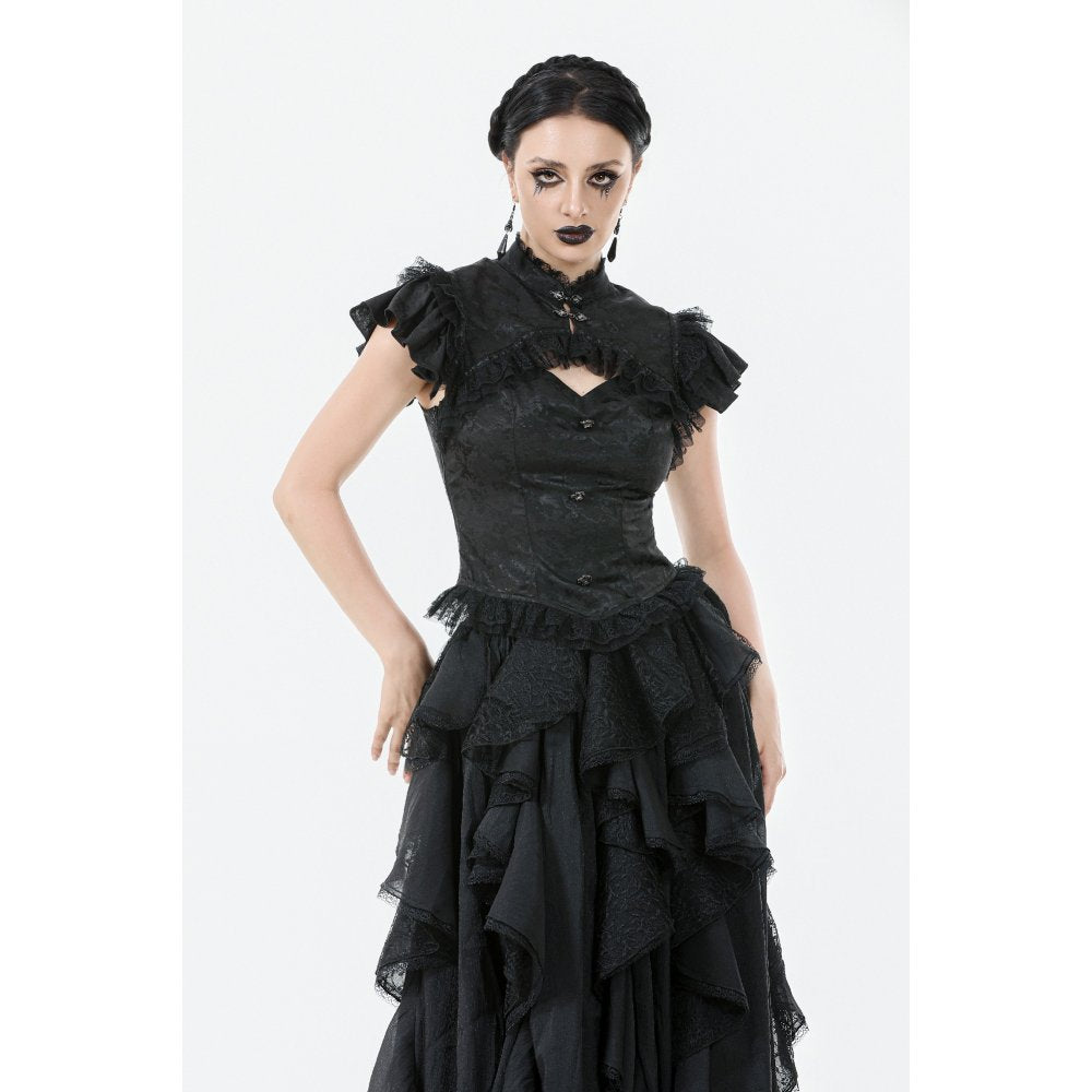 Elegant black gothic lace shoulder top featuring intricate floral patterns and ruffled sleeves by Dark in Love.