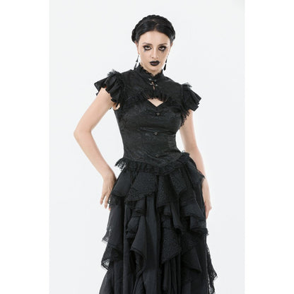Elegant black gothic lace shoulder top featuring intricate floral patterns and ruffled sleeves by Dark in Love.