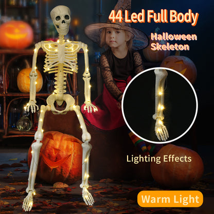 90cm Warm Light Stand-able Hanging Halloween Luminous Skeleton featuring warm glow LED lights, designed for sophisticated Halloween décor.