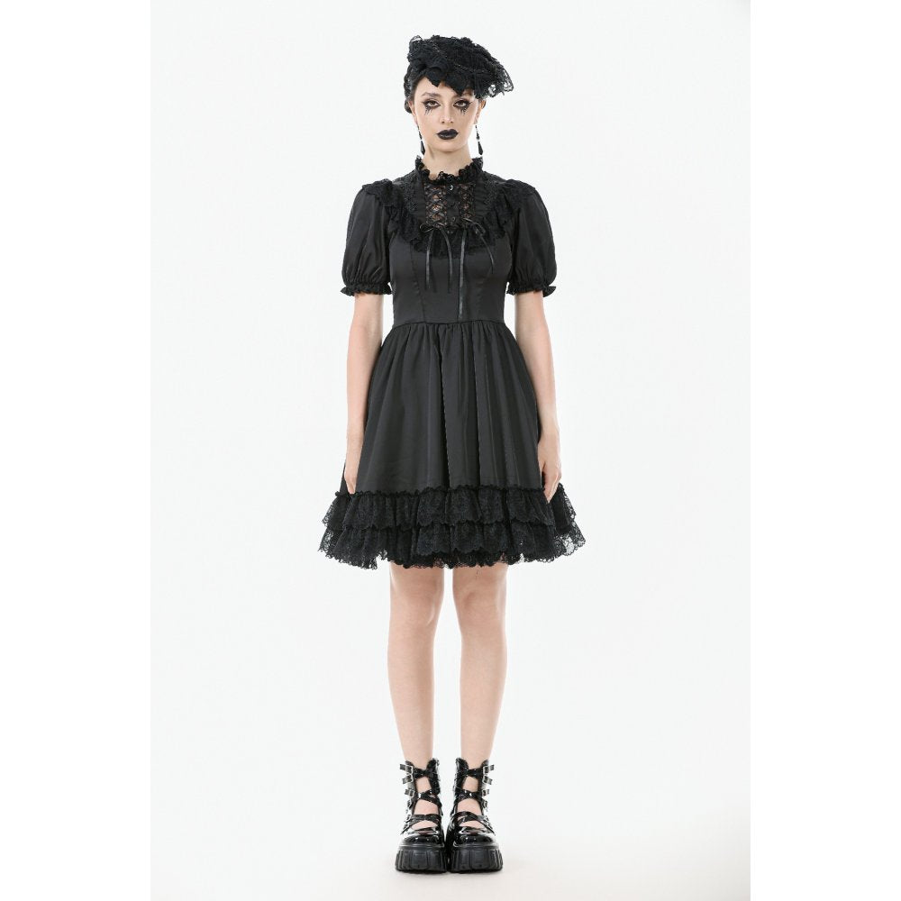 Elegant Black Goth Dress featuring high collar and puff sleeves, showcasing intricate lace-up detailing and a fitted silhouette, embodying Victorian-inspired dark romanticism.