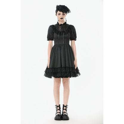 Elegant Black Goth Dress featuring high collar and puff sleeves, showcasing intricate lace-up detailing and a fitted silhouette, embodying Victorian-inspired dark romanticism.