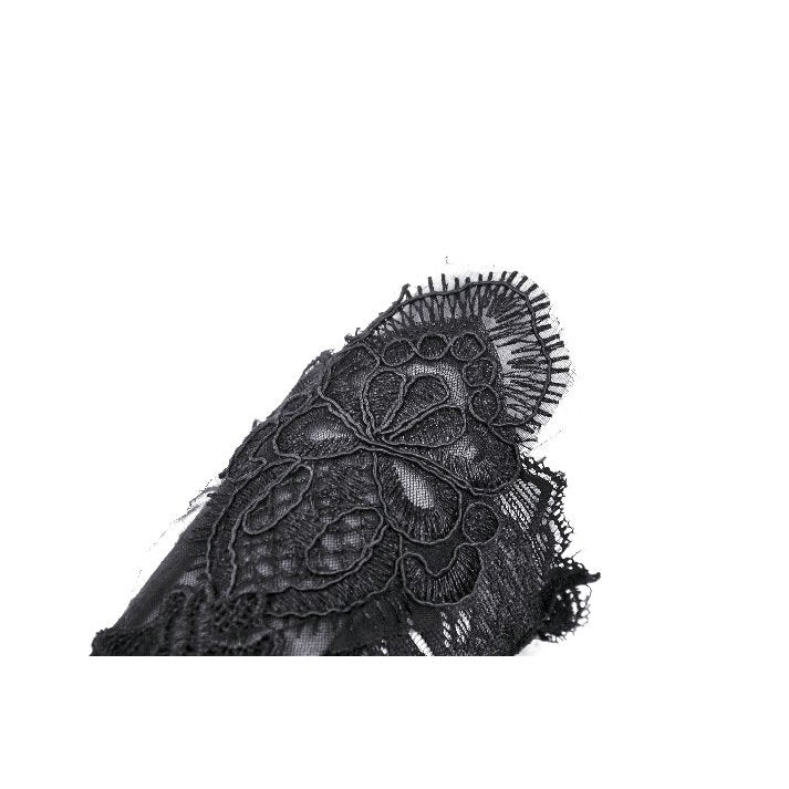 Elegant Gothic lace fingerless gloves featuring intricate embroidery and floral accents, perfect for a luxurious, whimsical touch.