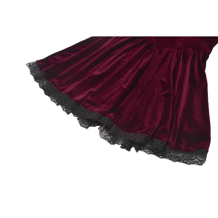 Elegant close-up of the lace collar and sheer yoke detailing on a stylish burgundy velvet dress, showcasing vintage goth aesthetics.