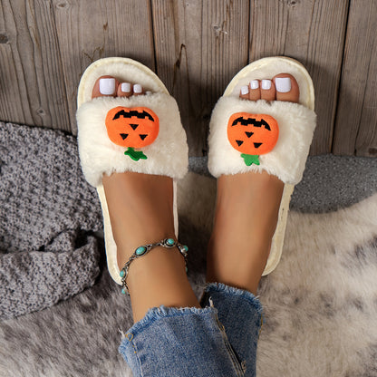 Step into comfort and style with the Halloween Cute Pumpkin Plush Slippers in white, featuring an enchanting pumpkin motif. Made by Dazzling Dreams Studio, these luxurious open-toe slippers are the perfect accessory for cold winter evenings.