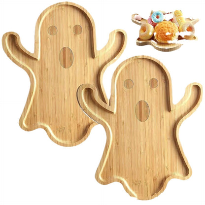 Halloween Ghost Wood Pan Plates - A pair of charming bamboo ghost-shaped trays displaying assorted treats, enhancing your Halloween festivities with culinary elegance.