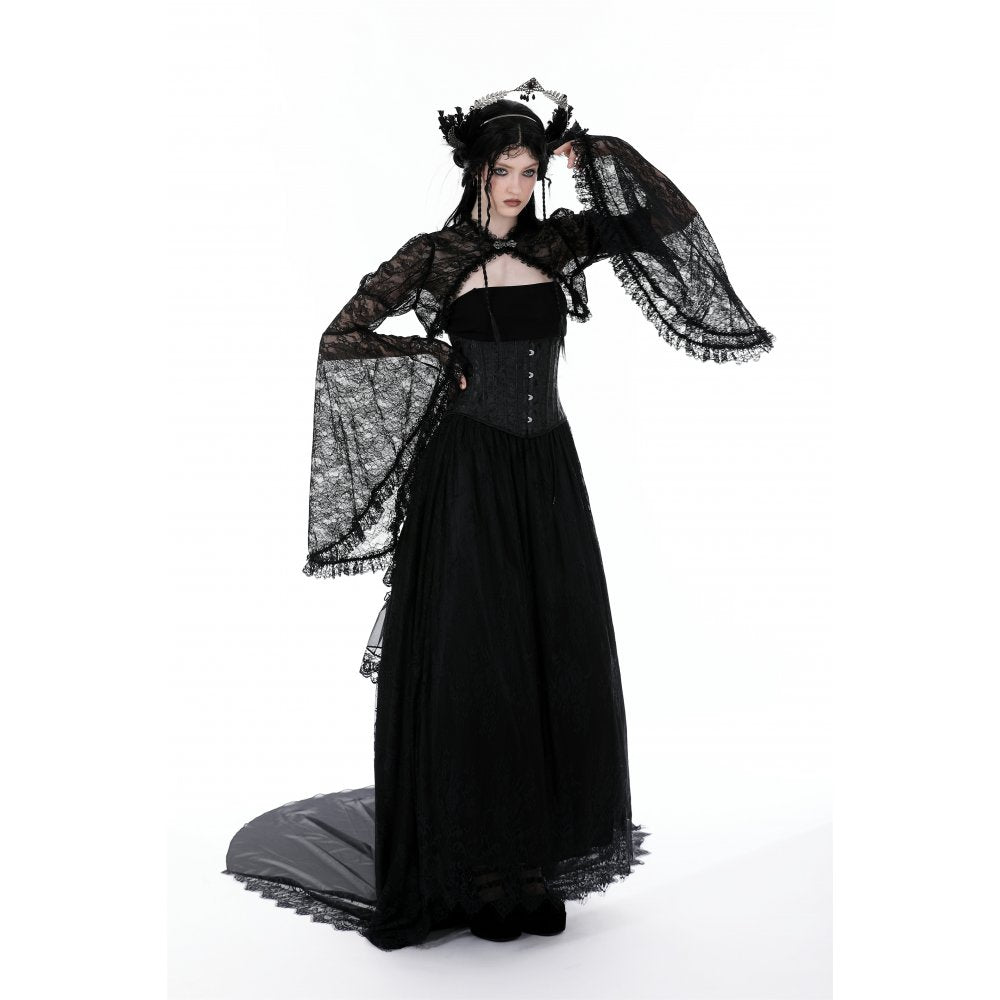 Close-up of the scalloped detailing on the open front of the Dark in Love Belladonna Lace Shrug, showcasing its intricate design.