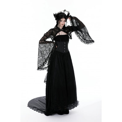 Close-up of the scalloped detailing on the open front of the Dark in Love Belladonna Lace Shrug, showcasing its intricate design.