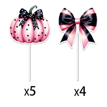 Halloween Pumpkin Bow Inserts - Detailed display of pink pumpkin and bow cake toppers by Dazzling Dreams Studio, featuring quantities for elegant dessert styling.