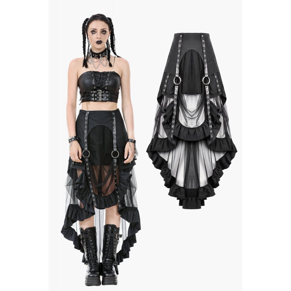 Elegant high-waisted black gothic skirt by Dark in Love, featuring dramatic ruffle trims, adjustable buckle straps, and layered mesh design, perfect for alternative fashion enthusiasts.