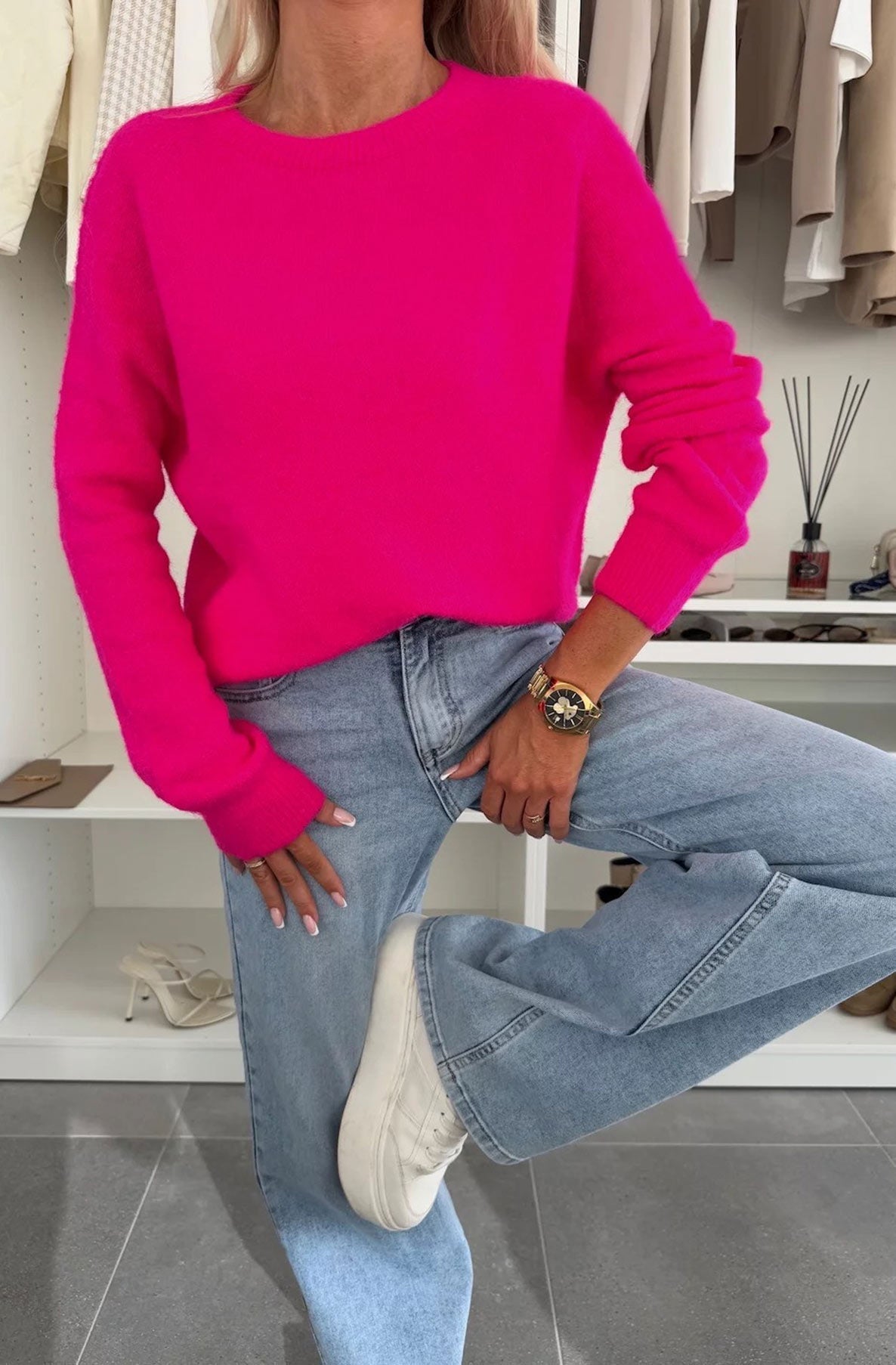 Model wearing a luxury knitted alpaca blend jumper, demonstrating the relaxed fit and sophistication, ideal for UK sizes 8-14.