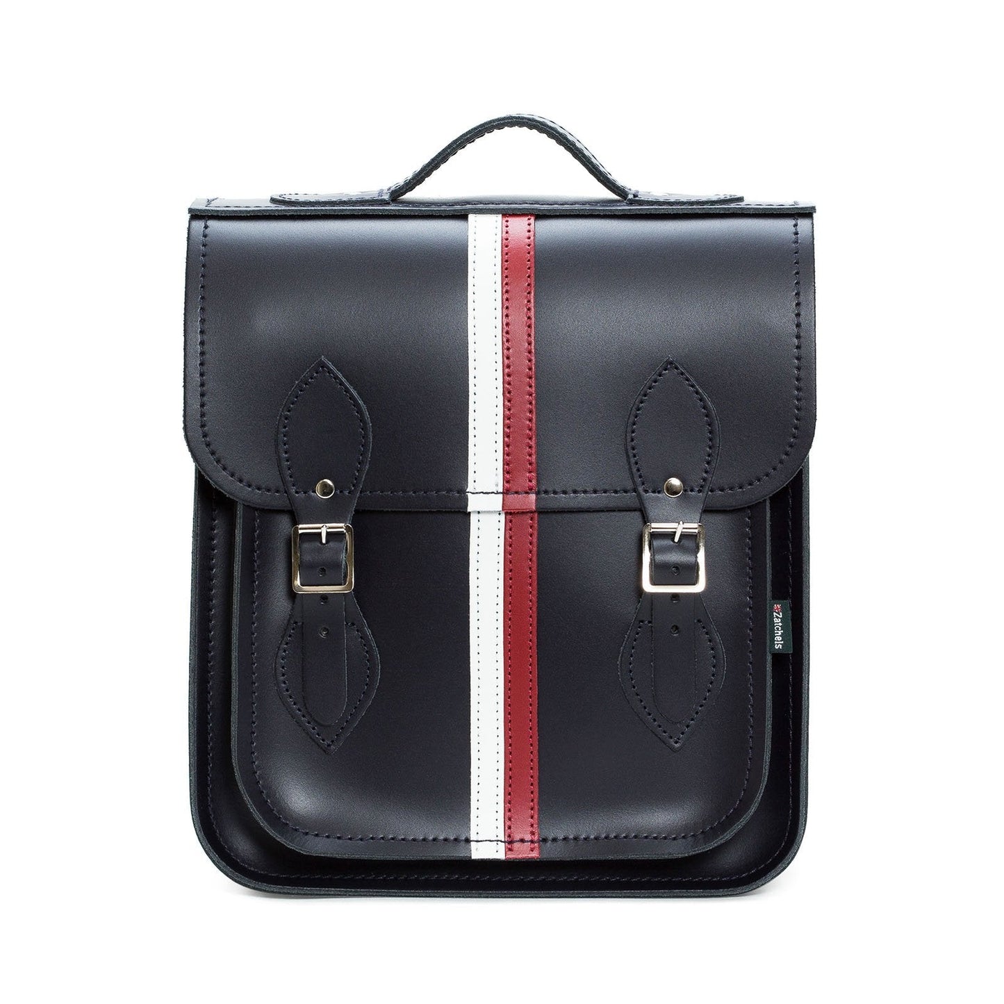 Handmade leather city backpack in navy blue with stylish red and white stripes, perfect for laptops and tablets up to 13 inches, showcasing Zatchels' British craftsmanship.
