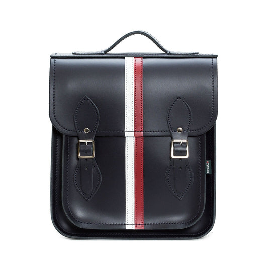 Handmade leather city backpack in navy blue with stylish red and white stripes, perfect for laptops and tablets up to 13 inches, showcasing Zatchels' British craftsmanship.