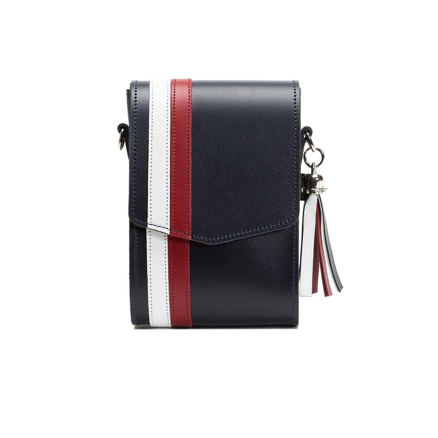 Luxury Handmade Navy Blue Leather Festival Phone Bag featuring adjustable strap and playful tassel detail, perfect for stylish festival outings and casual elegance.