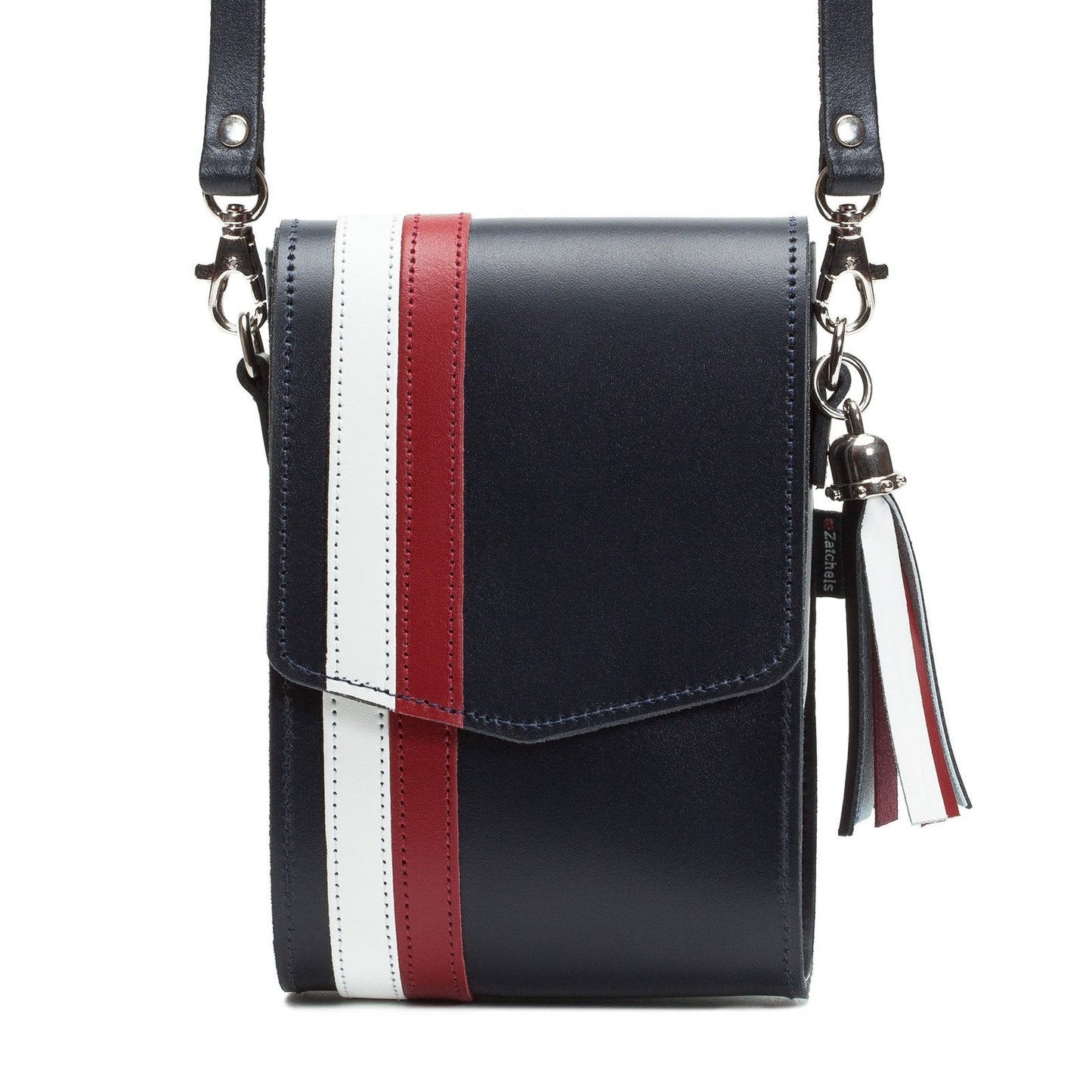 Elegant navy blue leather festival phone bag by Zatchels, designed with vibrant red and white stripes, ideal for fashion-forward individuals.