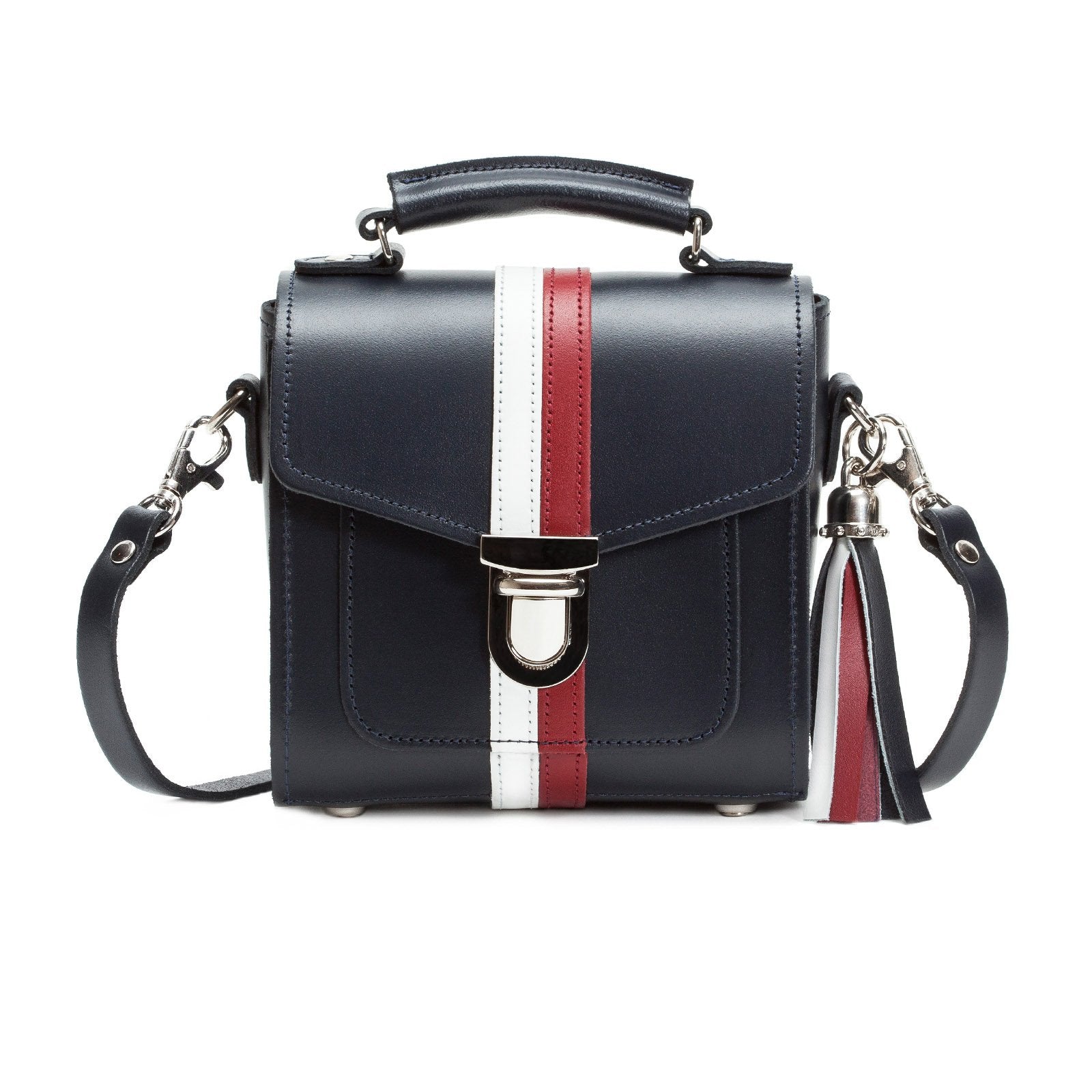 Luxury Handmade Leather Sugarcube Handbag in small size with iconic red and white stripes, showcasing sophisticated design and stylish leather tassel detail.