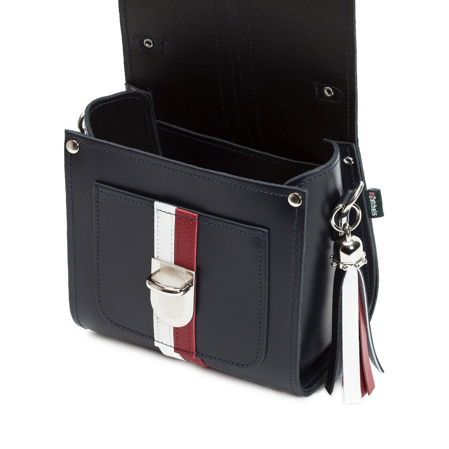 Luxurious Handmade Leather Sugarcube Handbag in classic red and white stripes, featuring a secure push lock closure and elegant handle.