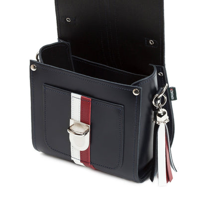 Luxurious Handmade Leather Sugarcube Handbag in classic red and white stripes, featuring a secure push lock closure and elegant handle.