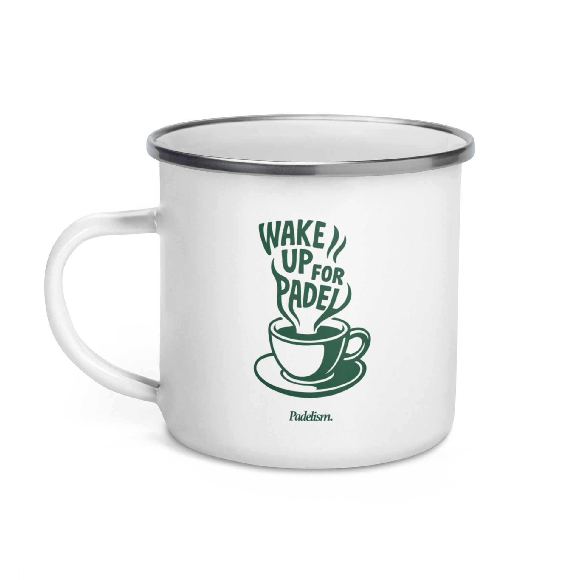Elegant lightweight enamel mug for padel enthusiasts, featuring a striking white design with a polished silver rim, perfect for outdoor adventures.