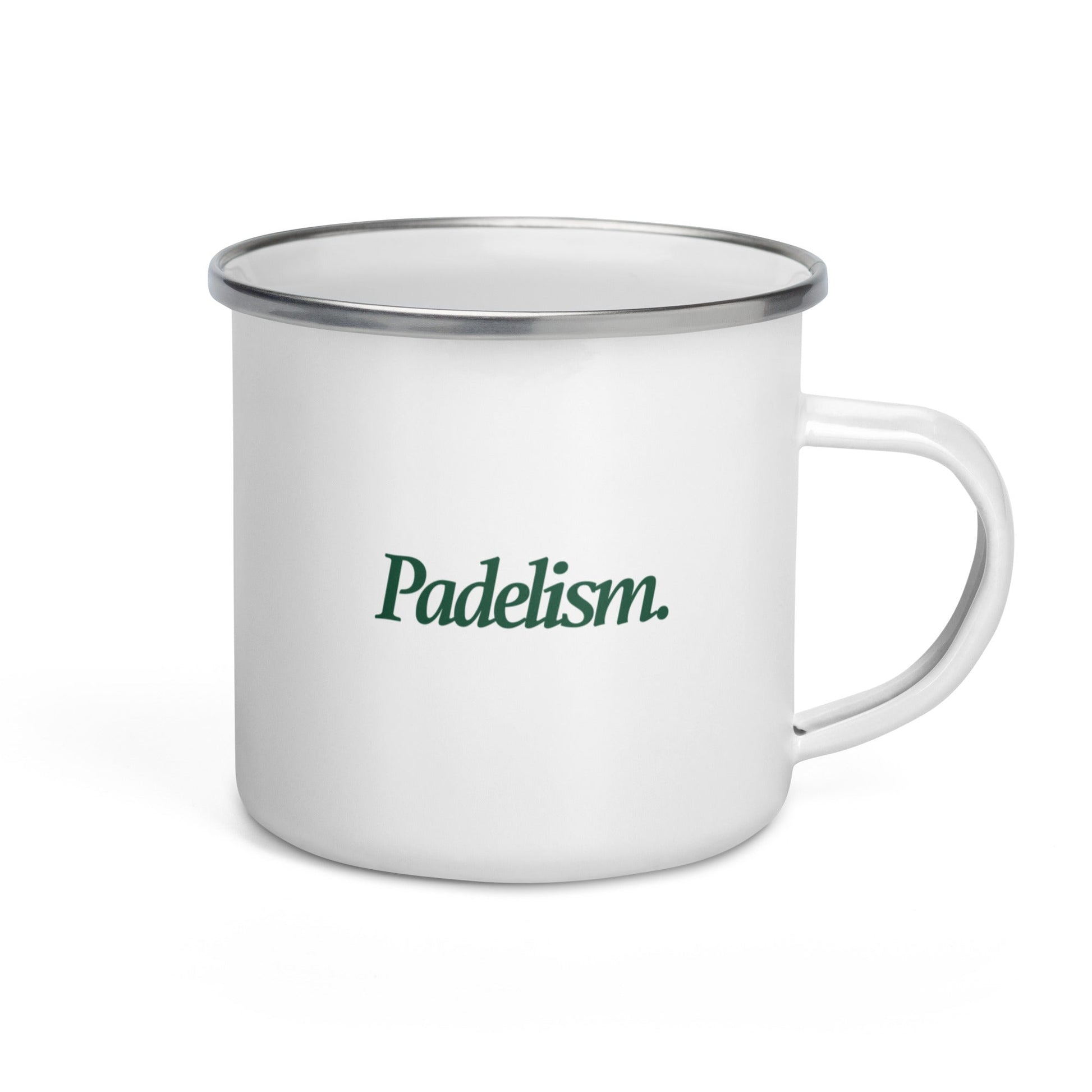 Versatile enamel mug designed for padel lovers, ideal for hot beverages or snacks, showcasing a luxurious aesthetic with its classic white and silver design.
