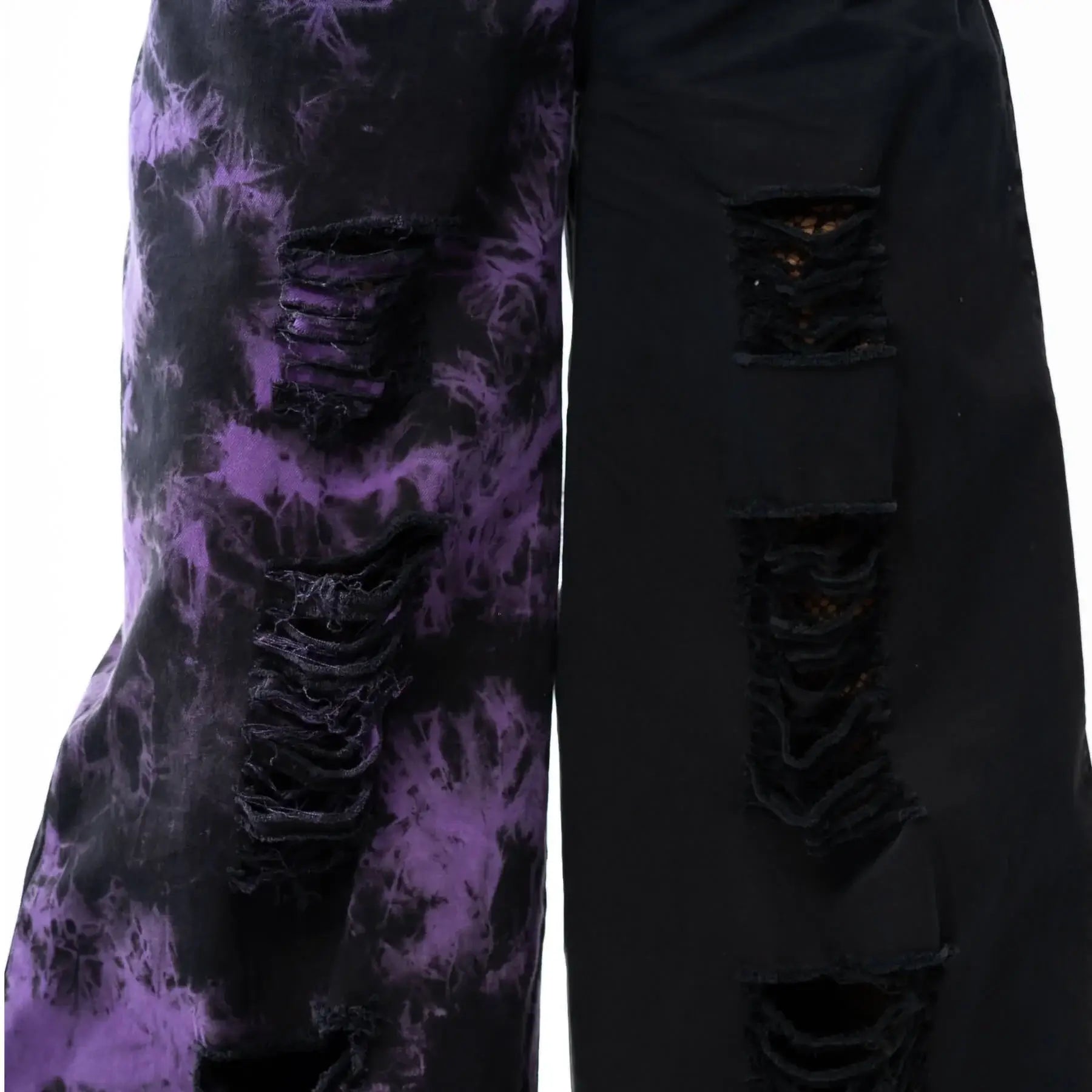 Elegant Vixxsin Ever Dungarees in black and purple tie-dye, showcasing distressed denim for a chic and edgy style.
