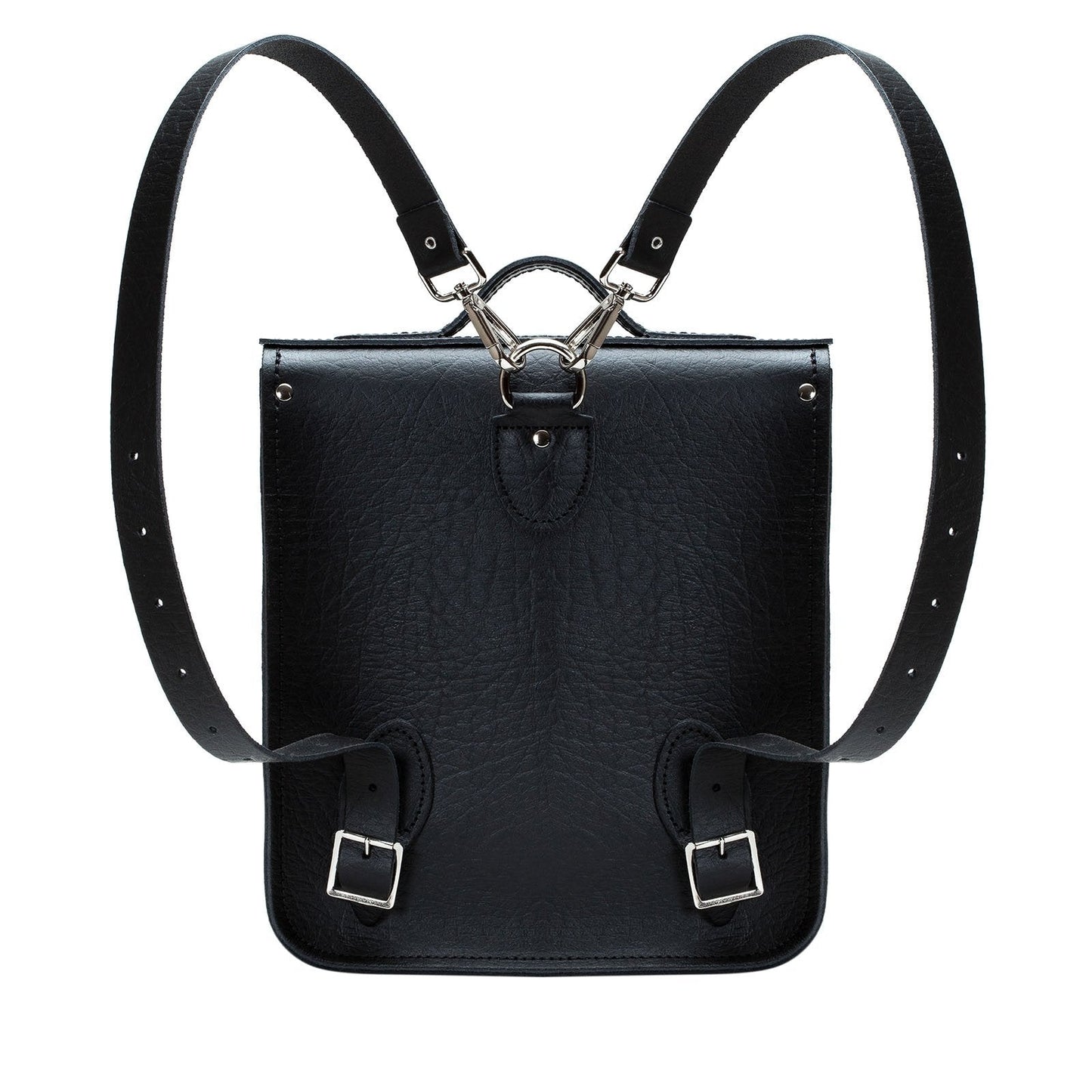 Versatile Luxury Handmade Black Leather City Backpack in a stylish setting, highlighting adjustable and detachable straps for personalised comfort