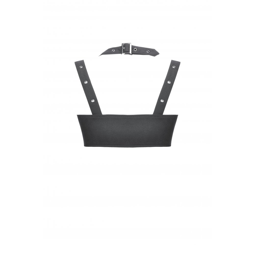 Close-up view of Dark In Love Evangeline Buckled Utility Crop Top showcasing chunky silver chain detail and tailored bust fit, ideal for a modern Gothic aesthetic.