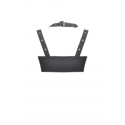 Close-up view of Dark In Love Evangeline Buckled Utility Crop Top showcasing chunky silver chain detail and tailored bust fit, ideal for a modern Gothic aesthetic.