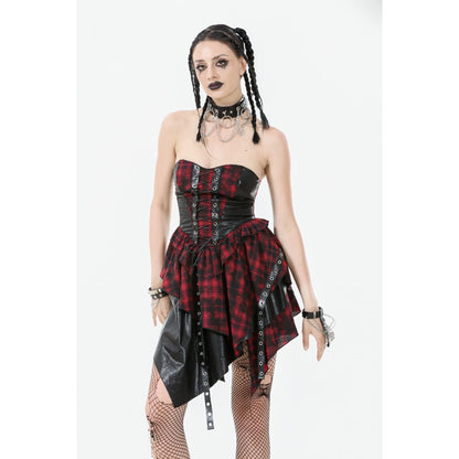 A model elegantly wearing the dark in love red tartan corset dress, capturing the dramatic flair of the flared skirt and gothic allure.