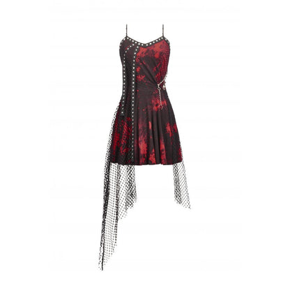 Close-up view of the Dark In Love Bellatrix Dress revealing the vivid blood-red and black splatter print with dramatic fishnet panel, ideal for punk fashion lovers.