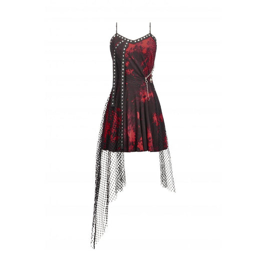 Close-up view of the Dark In Love Bellatrix Dress revealing the vivid blood-red and black splatter print with dramatic fishnet panel, ideal for punk fashion lovers.