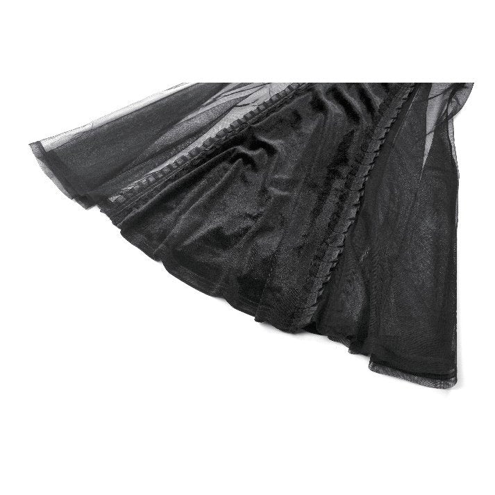Sheer mesh panels at the hem of the Gothic gown, illustrating its dynamic movement and sophisticated design.