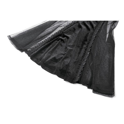 Sheer mesh panels at the hem of the Gothic gown, illustrating its dynamic movement and sophisticated design.