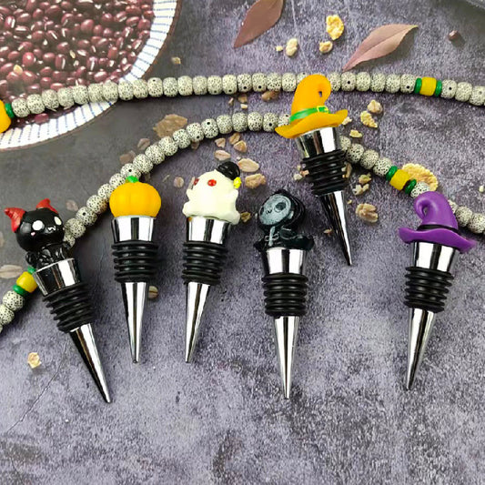 A collection of exquisite Halloween Sealed Stopper Vacuum Resin Wine Bottle Stoppers showcasing intricate and vibrant designs, perfect for enhancing your Halloween festivities with luxury and style.