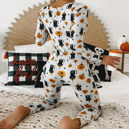 Sophisticated rear view of the Halloween Printed Jumpsuit displaying a whimsical design of pumpkins and cats, ideal for Halloween festivities.