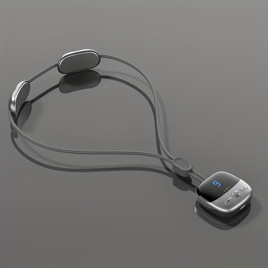 Stylish mini portable cervical massager laid flat, featuring an ergonomic design and LCD screen, perfect for neck and shoulder therapy.