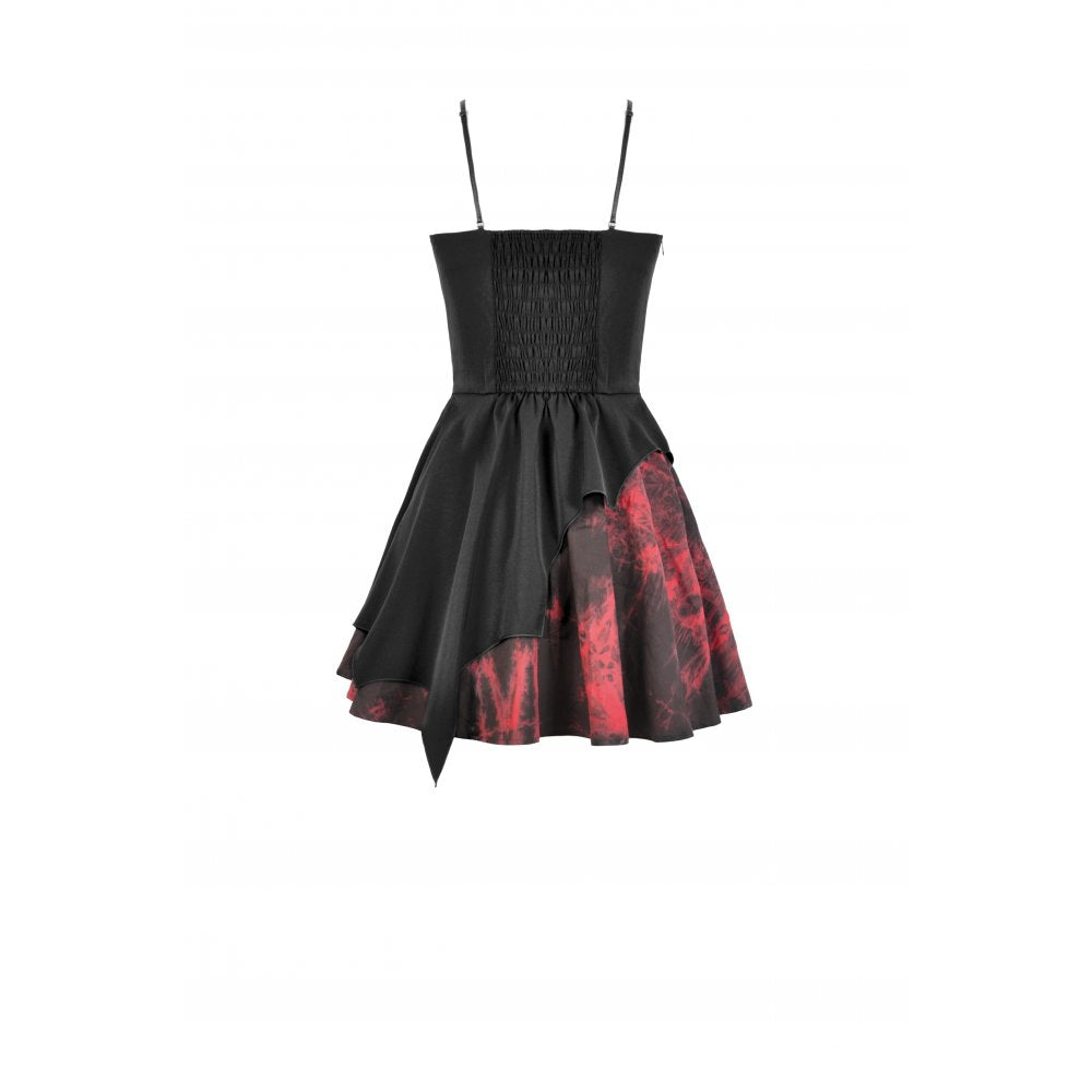 Fitted goth mini dress with adjustable spaghetti straps, showcasing a blend of black and blood-red hues, ideal for stylish night outings.