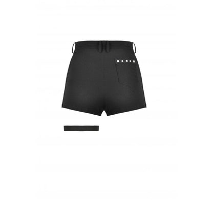 Luxurious black high-waisted shorts made from cotton-spandex blend, featuring intricate pleating and stylish grommet embellishments, perfect for alternative fashion enthusiasts.