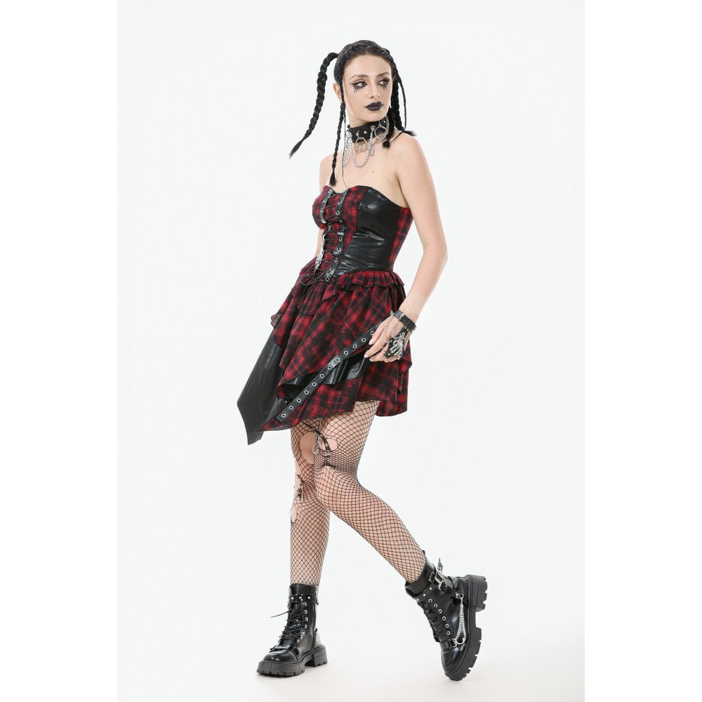Close-up detailing of the corset-style bodice featuring intricate grommet details and adjustable straps on the dark in love tartan dress.